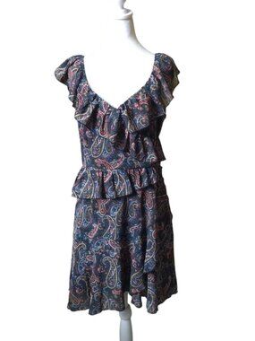 SENLIS Dress Paisley Print Size Medium Tiered Ruffle V-Neck Dress Office Career